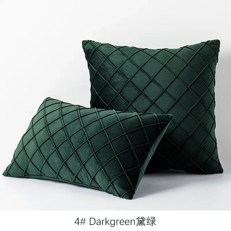 Dark green velvet quilted lattice cushion cover with diamond-embroidered design for living room pillow