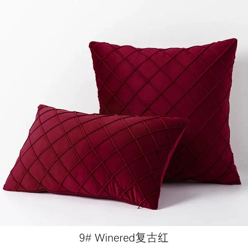 Deep burgundy quilted velvet lattice cushion cover with diamond pattern for elegant living room decor cushion cover