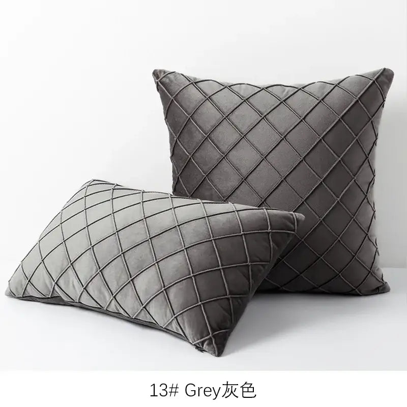 Grey velvet cushion cover with diamond-quilted embroidered lattice design for living room decor