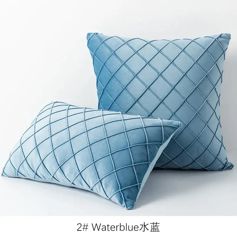 Light blue velvet quilted lattice cushion cover featuring a diamond pattern for living room decor