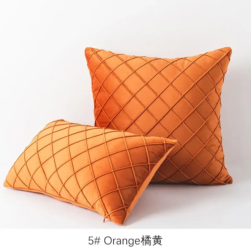 Orange quilted velvet lattice cushion cover with diamond pattern for living room throw pillows