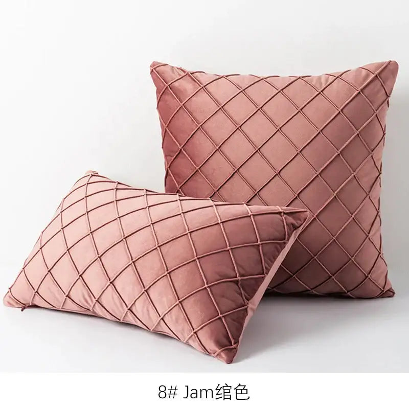 Pair of blush pink velvet cushion covers with diamond embroidered lattice design for living room decor
