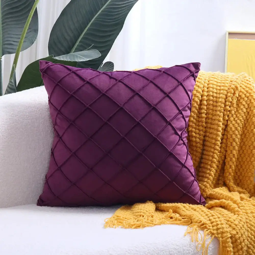 Purple velvet cushion cover with diamond-quilted embroidered lattice design for living room use