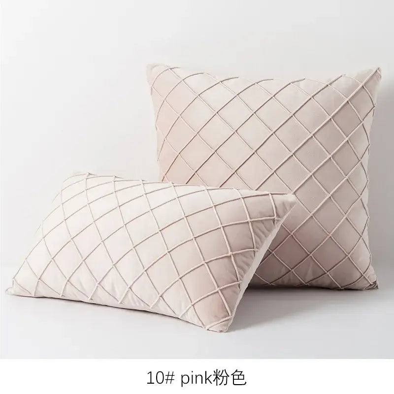 Soft blush pink velvet quilted lattice cushion cover featuring a subtle diamond embroidered lattice design for living room use