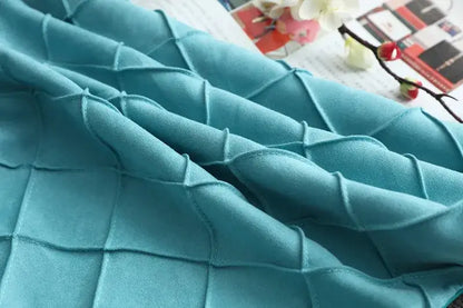 Teal quilted velvet cushion cover with stitched diamond lattice pattern for living room embroidered lattice cushion