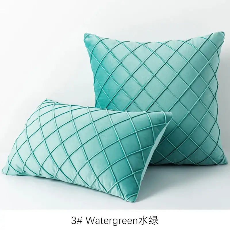Teal velvet throw pillow with quilted diamond pattern featuring embroidered lattice cushion cover for living room