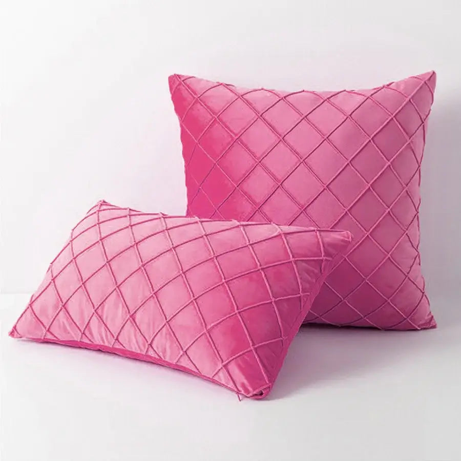 Vibrant pink velvet cushion cover with diamond quilted embroidered lattice design for living room decor