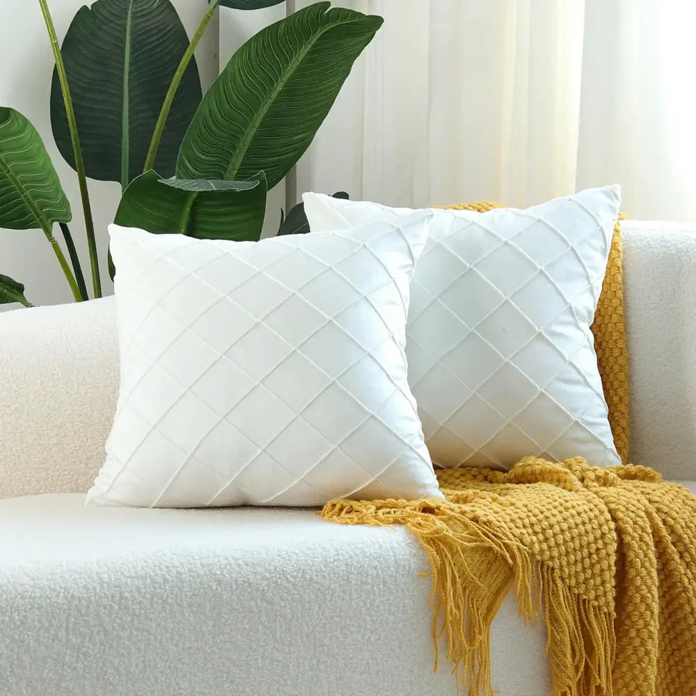 White quilted velvet lattice cushion cover with diamond pattern made of soft fabric for living room pillow