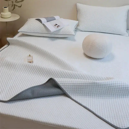 White waffle-weave cooling mat mattress pad with gray mesh backing and stitched edge trim for decorbites ice bean pillowcase set