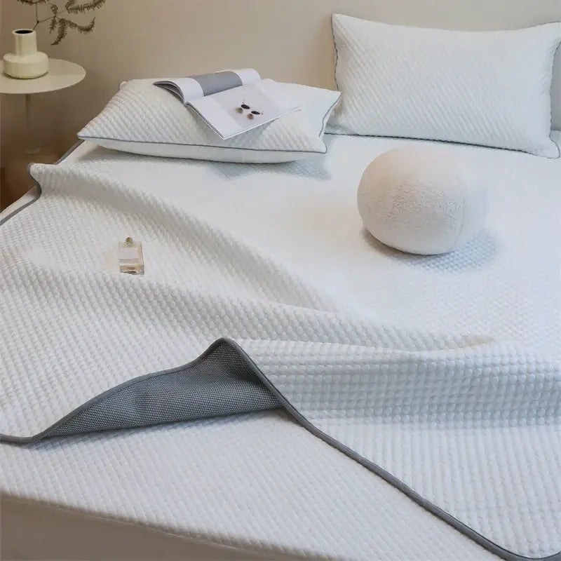 White waffle-weave cooling mat mattress pad with gray mesh backing and stitched edge trim for decorbites ice bean pillowcase set