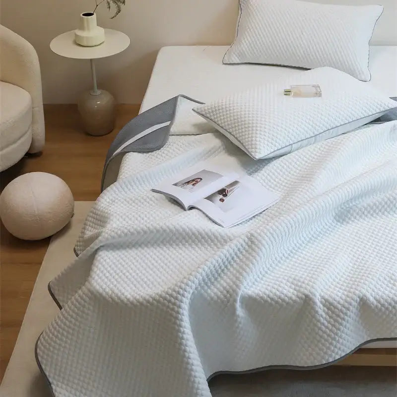 Quilted white waffle-weave cooling mat pillowcase set with gray trim by decorbites ice bean for bedroom decor