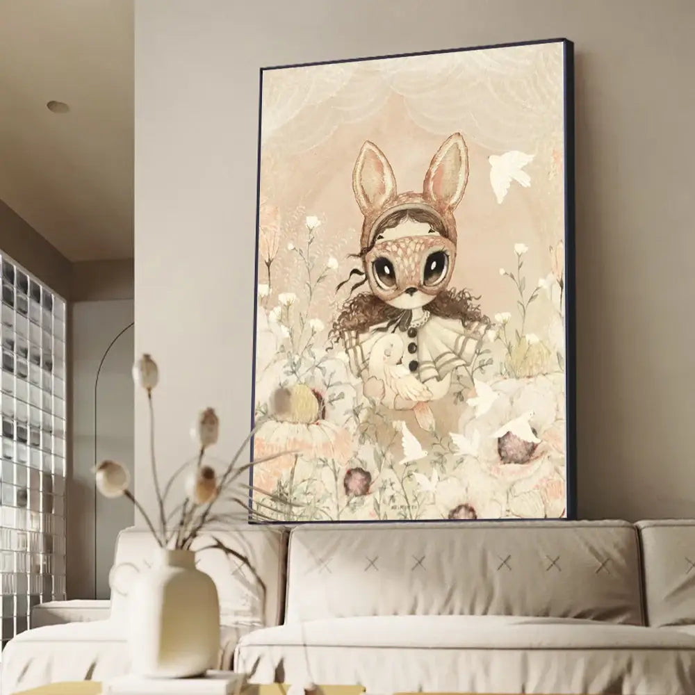 A framed canvas print of a whimsical beige rabbit girl illustration in a floral field for kids room decorbites girl canvas