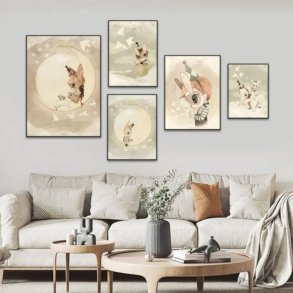 Set of five framed cartoon animal wall art prints featuring whimsical beige rabbit girl canvas for kids room decor