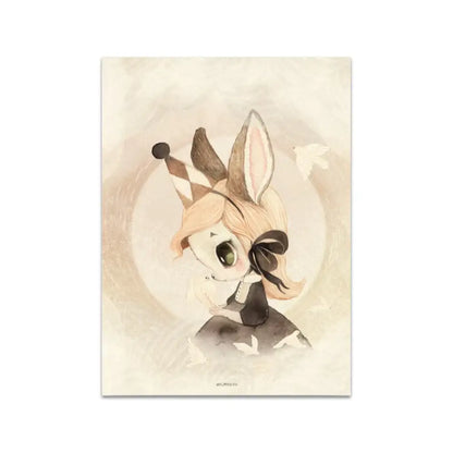 A soft beige decorbites™ rabbit girl canvas print featuring a chibi bunny with a checkered hat for kidsató room