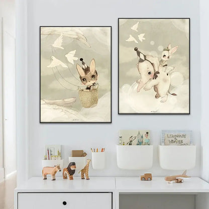 Two black framed sepia-toned illustrations featuring whimsical rabbit girl canvas prints for kidsató room décor