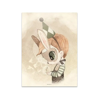 A beige rabbit girl canvas print featuring a charming bunny with a party hat for kidsató room decor