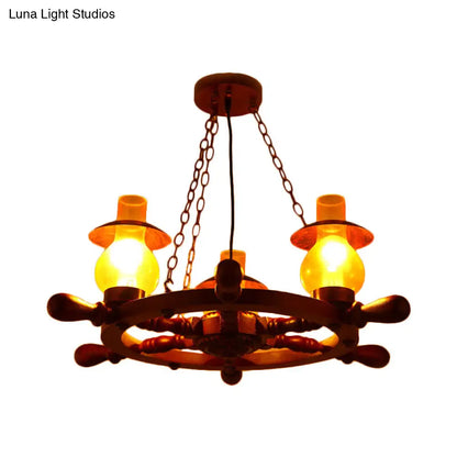 Raegan - Industrial 3 Heads Ceiling Chandelier Industrial Dining Room Wood Pendant Light with Vase Yellow Glass Shade