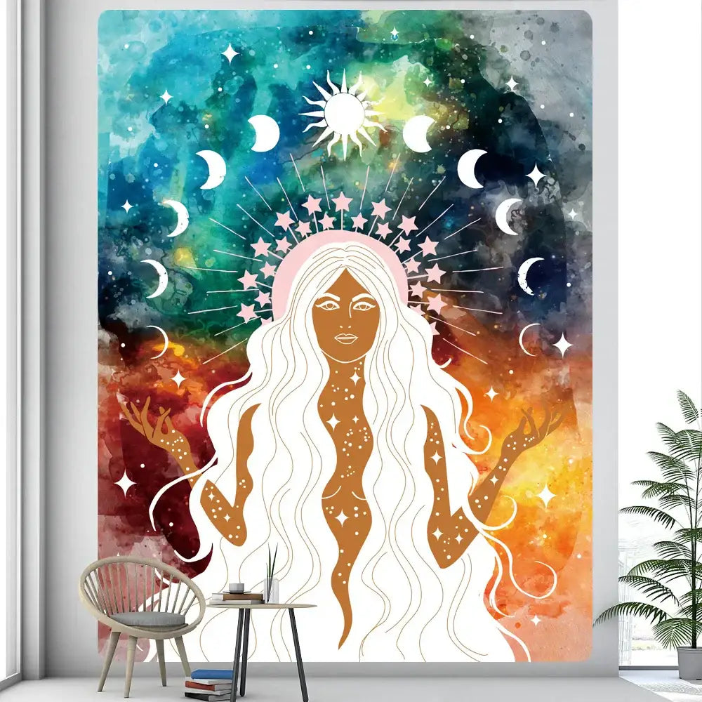 Rainbow boho girl tapestry featuring a vibrant cosmic design with moon phases and sun for decorbites boho decorbites boho girl