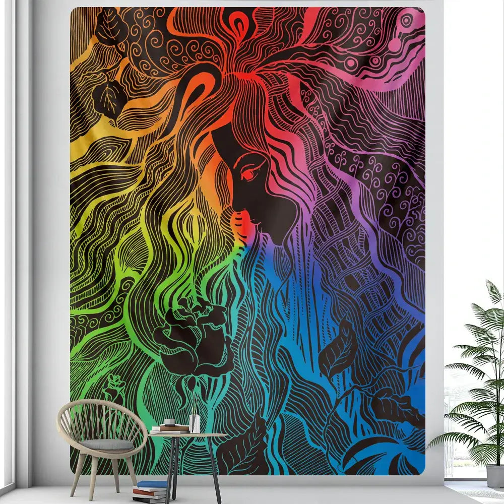 Vibrant rainbow-colored decorbites boho girl tapestry featuring stylized flowing figure with intricate black line art