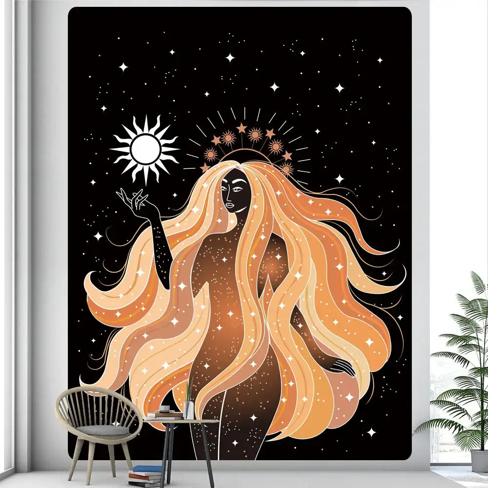 Rainbow boho girl tapestry featuring a celestial figure with orange hair and sun moon motifs for decorbites boho decorbites boho girl