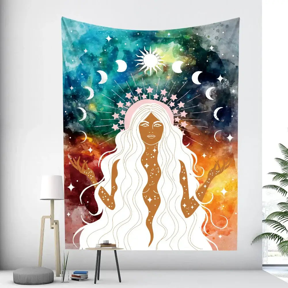 A vibrant watercolor boho girl tapestry with white hair and stars for bedroom wall art by decorbites boho girl