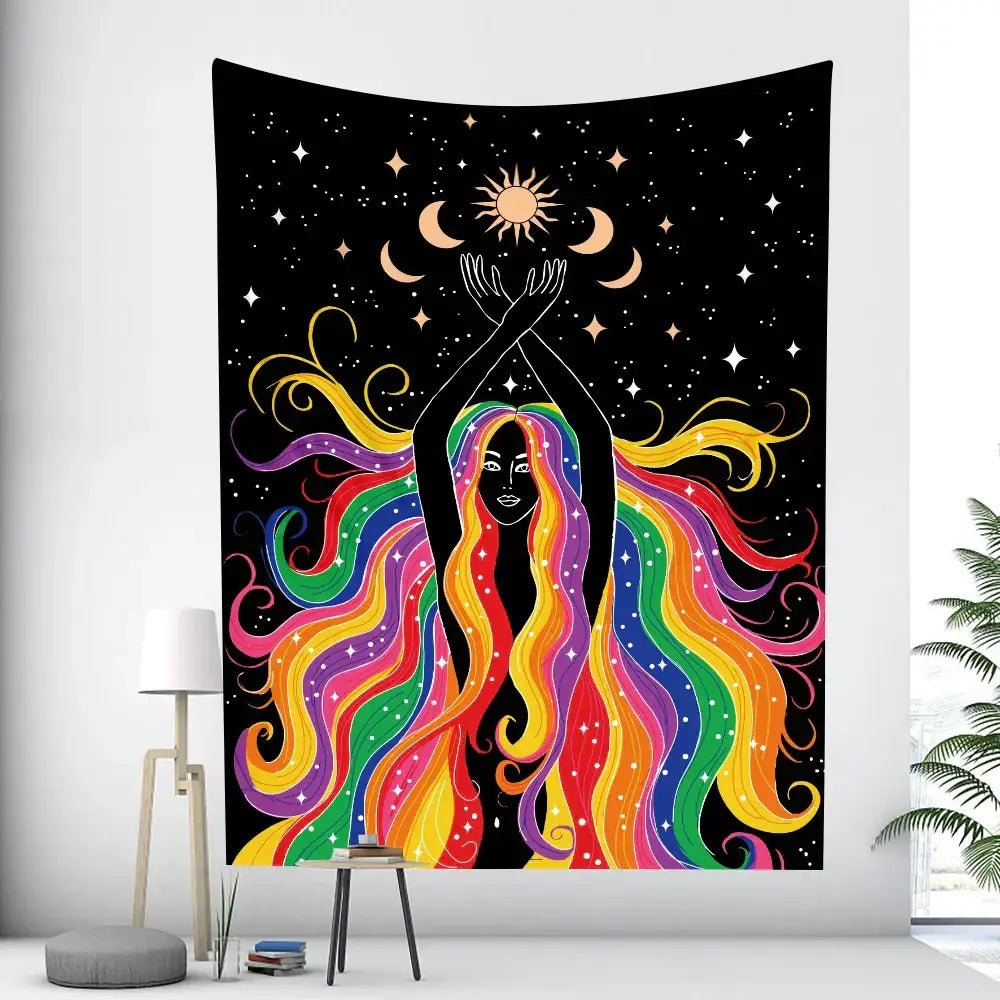 A vibrant rainbow-colored boho girl tapestry with flowing hair and starry night background for bedroom wall decorbites boho girl
