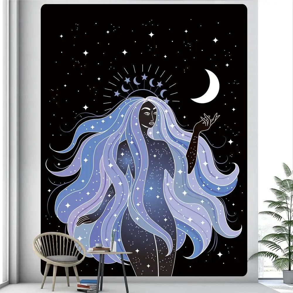 A decorbites boho girl tapestry featuring a stylized woman with blue and purple hair against a starry night background