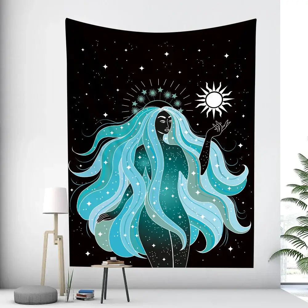 A decorbites boho girl tapestry with a celestial design featuring turquoise hair and a radiant sun on a starry night backdrop