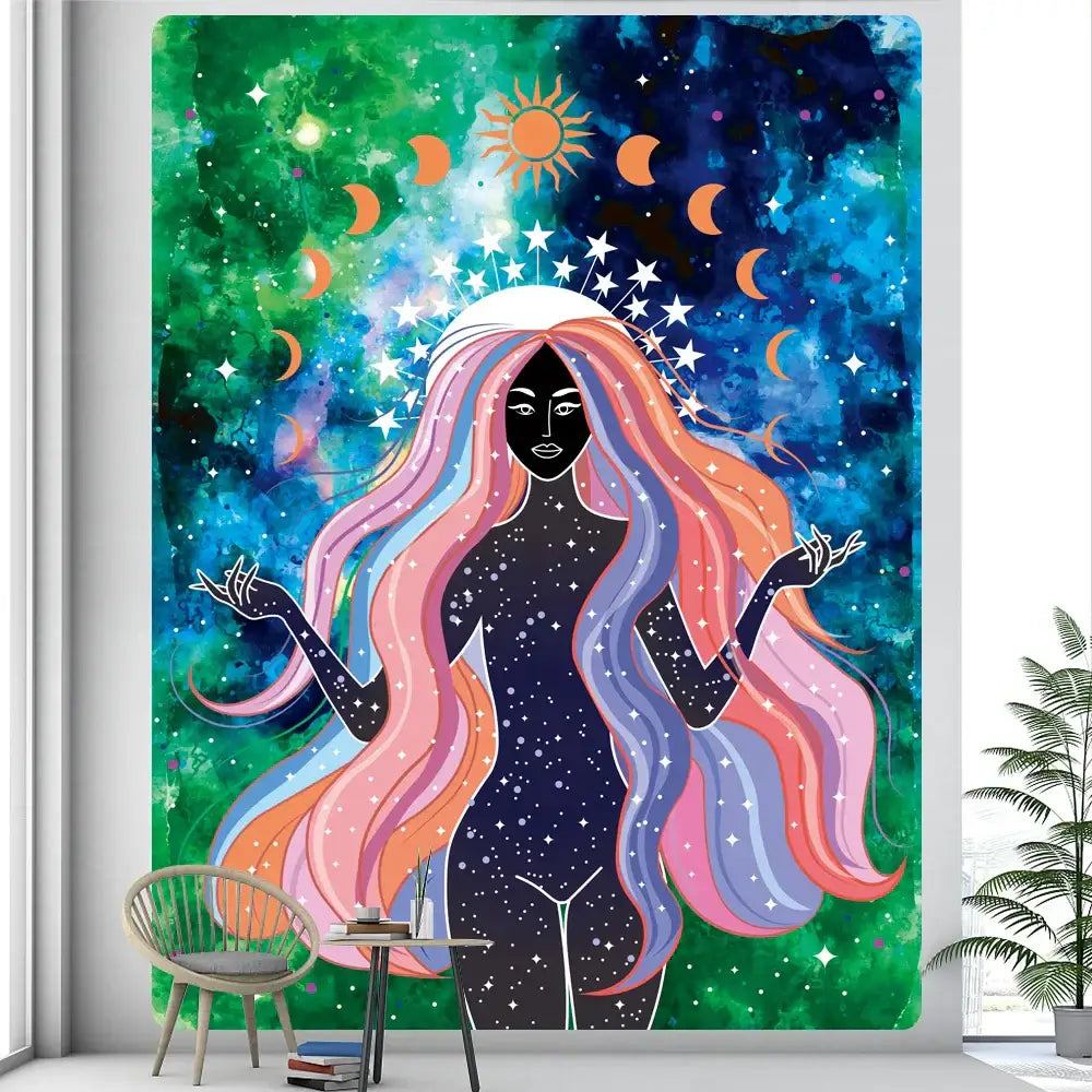 A decorbites boho girl tapestry featuring a silhouette with flowing rainbow hair against a starry galaxy background