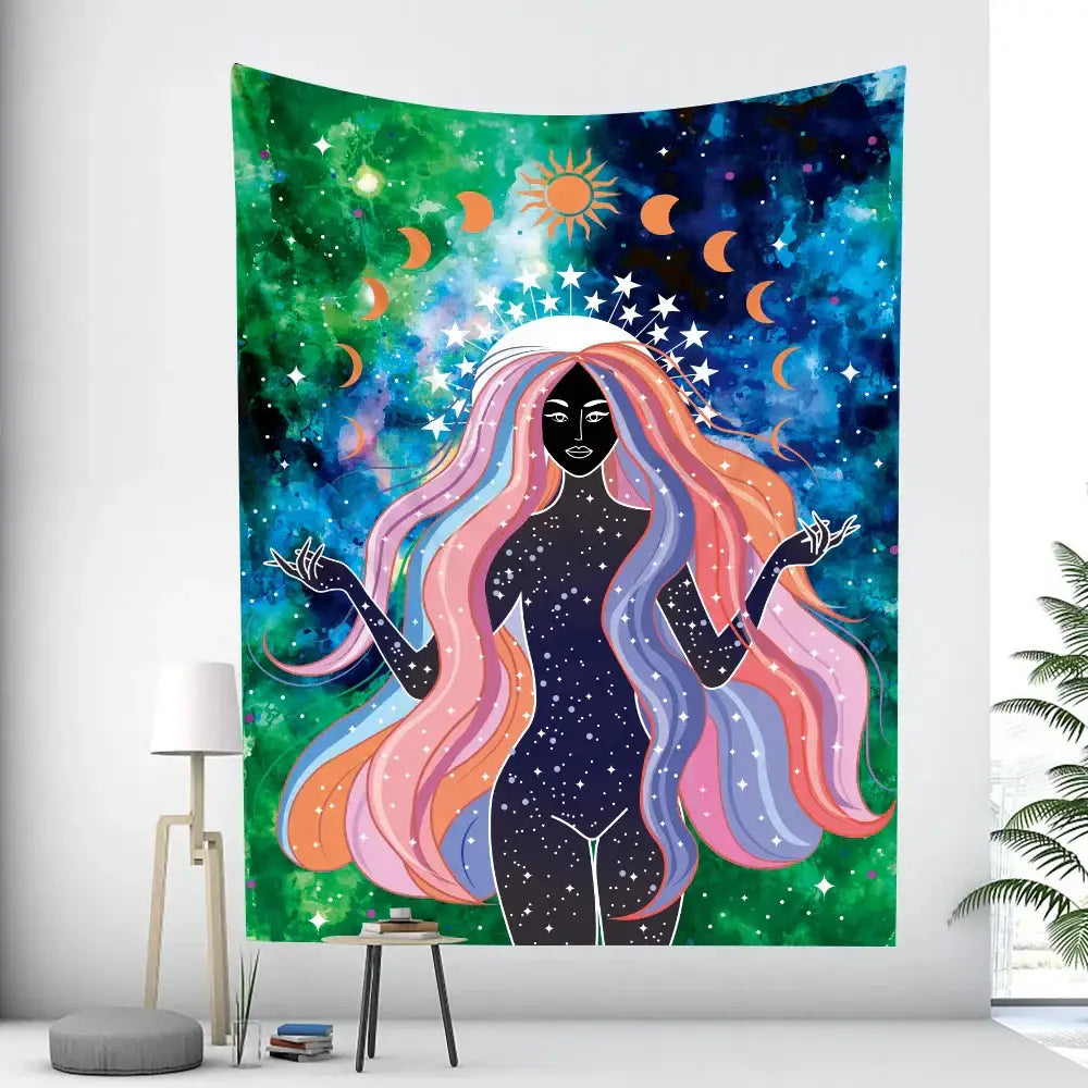 Vibrant decorbites boho girl tapestry with flowing rainbow hair against a starry moonlit sky for bedroom wall art