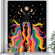 Vibrant rainbow-colored decorbites boho girl tapestry featuring a stylized figure with flowing hair and starry night decor