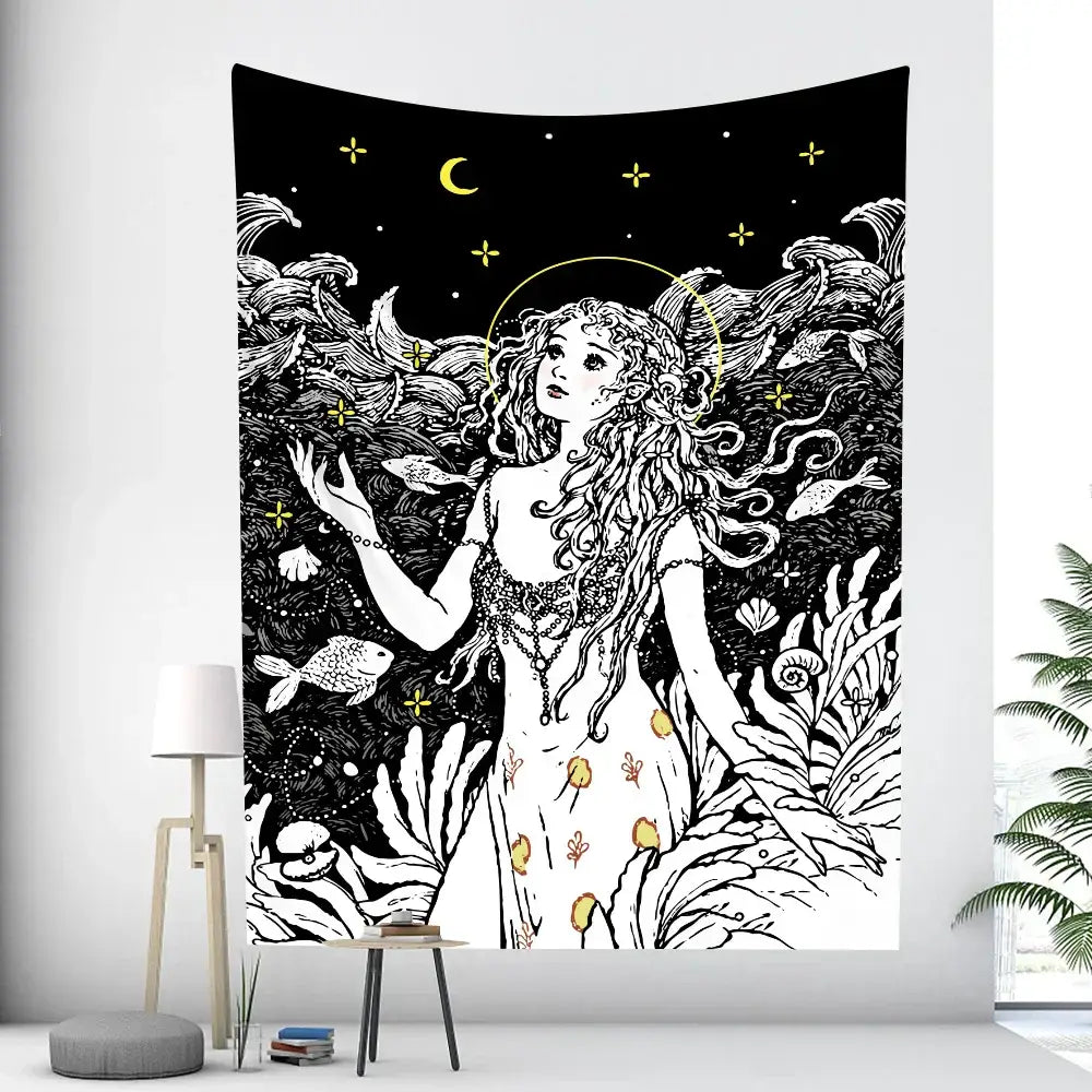 Black and white illustrated decorbites boho girl tapestry featuring celestial woman with sea creatures for bedroom wall art