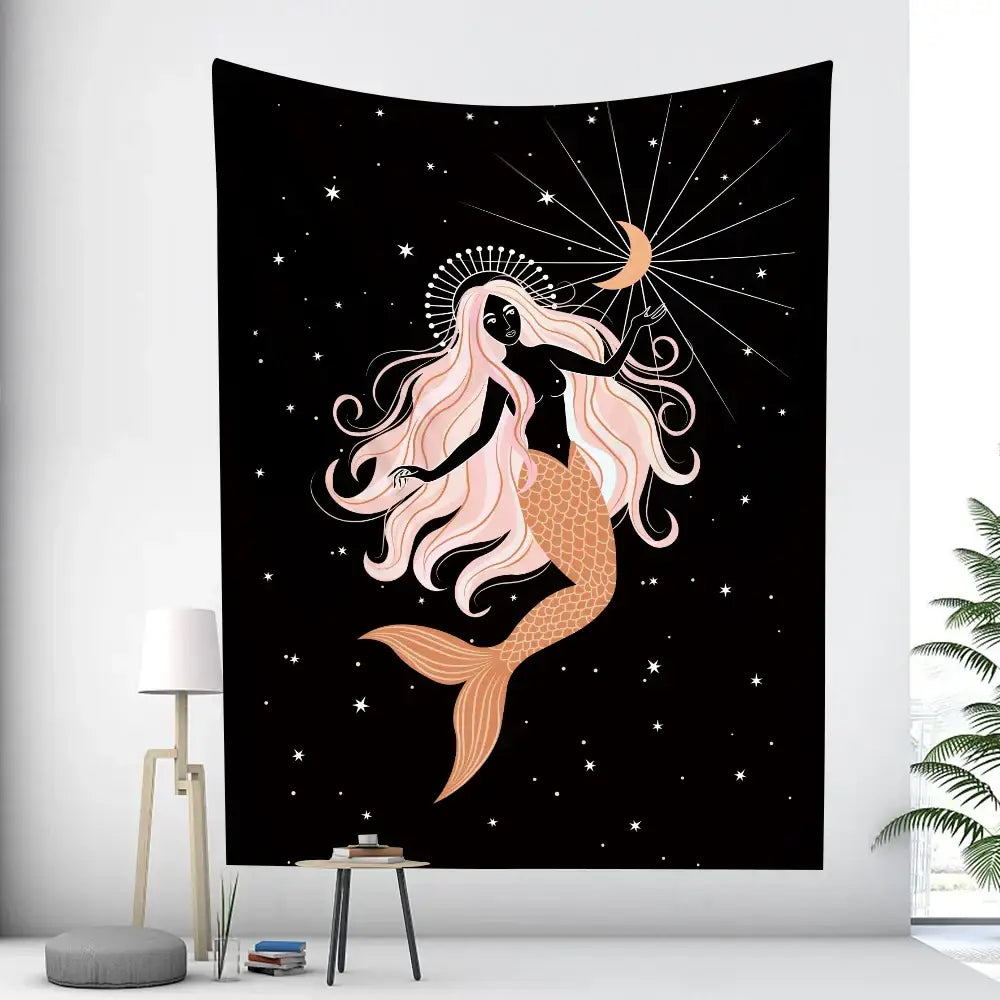 Black boho girl tapestry by decorbites featuring a stylized mermaid with pink hair and orange tail on starry night decor