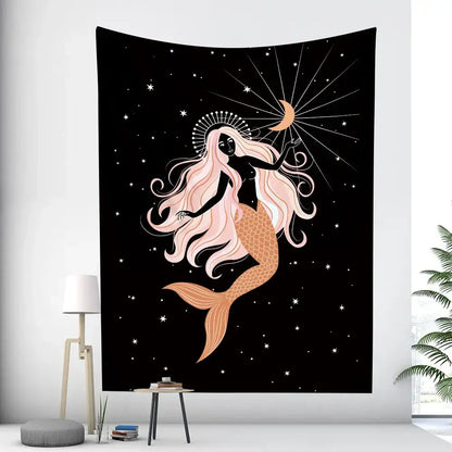 Black boho girl tapestry by decorbites featuring a stylized mermaid with pink hair and orange tail on starry night decor