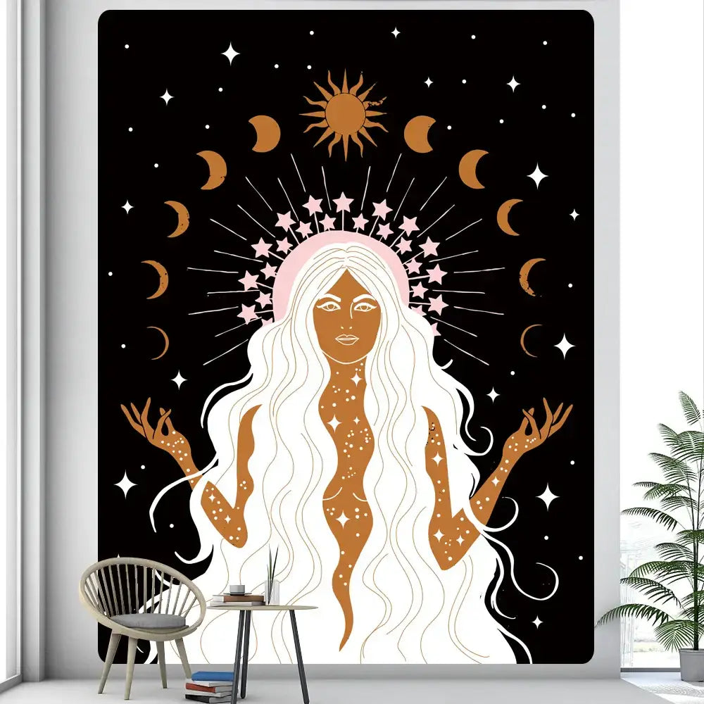 Black boho girl tapestry with white hair and gold pink celestial motifs on starry sky for decorbites boho decor