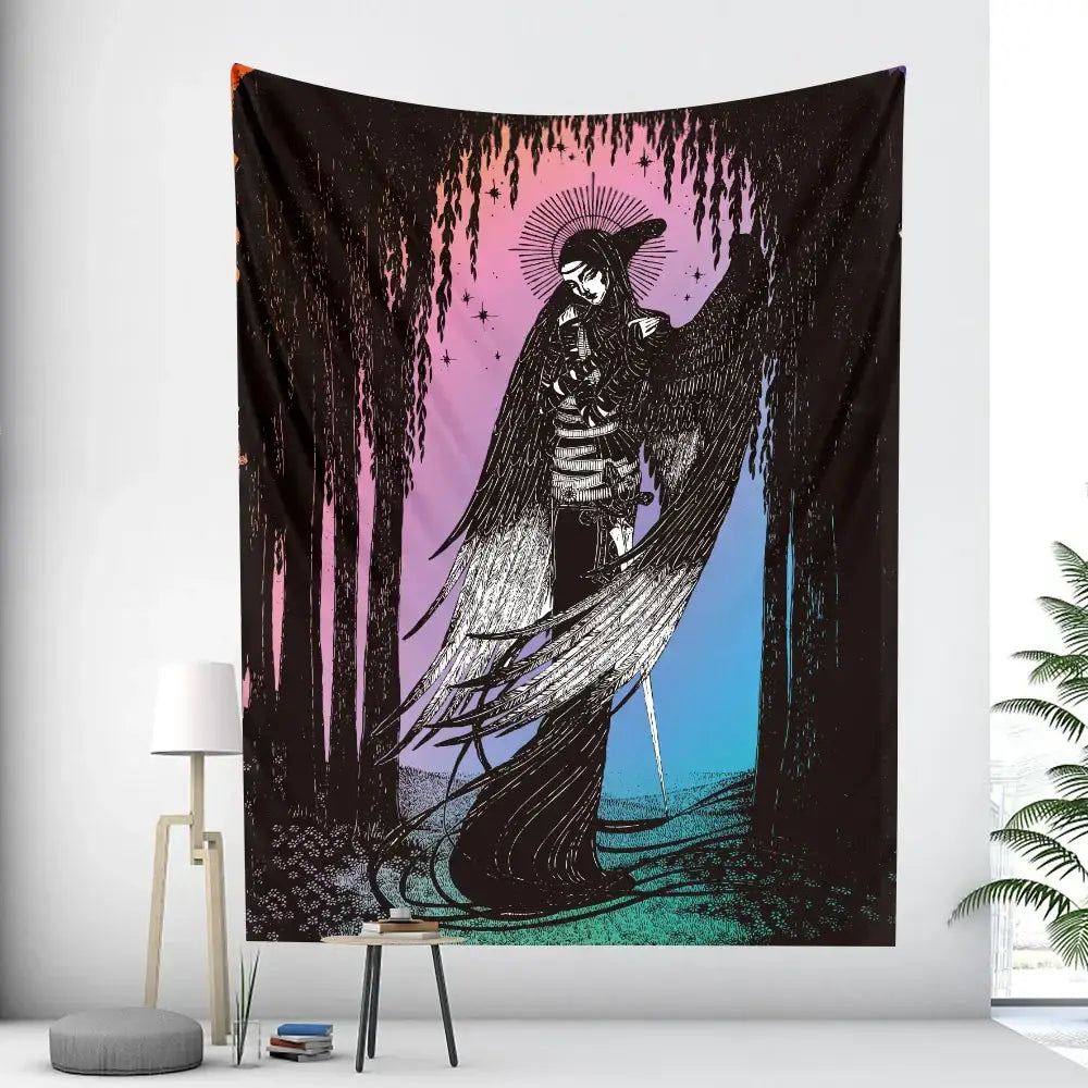 A black and white boho girl tapestry featuring a winged skeleton in a forest with a pink to blue gradient decorbites boho decor