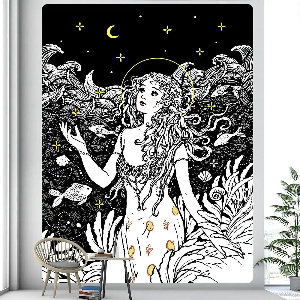 Black and white boho girl tapestry by decorbites featuring a celestial woman with stars and coral for bedroom decor