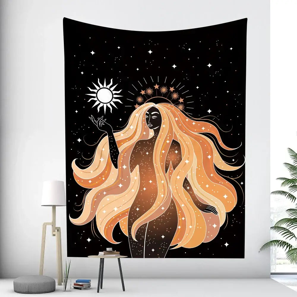 Black tapestry featuring a stylized celestial woman with orange-gold hair for decorbites boho girl tapestry decor
