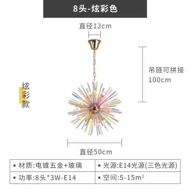 A multicolored glass pendant light with gold-plated frame and chain decorbites dandelion chandelier lighting