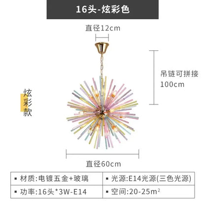 A vibrant 16-head decorbites dandelion chandelier pendant light with iridescent pastel glass arms and brass fixture