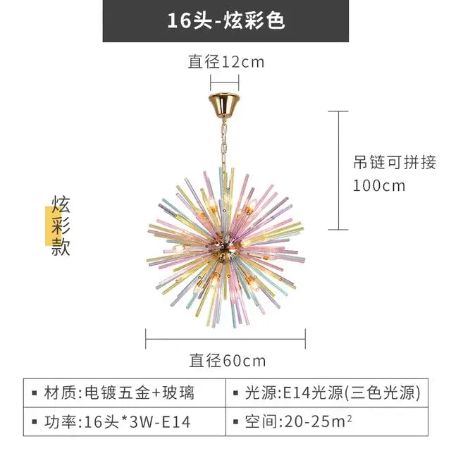 A vibrant 16-head decorbites dandelion chandelier pendant light with iridescent pastel glass arms and brass fixture