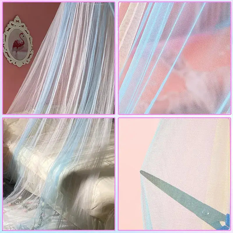 A delicate sheer hanging mosquito net with pastel blue and white gradient and star lights for bedroom canopy