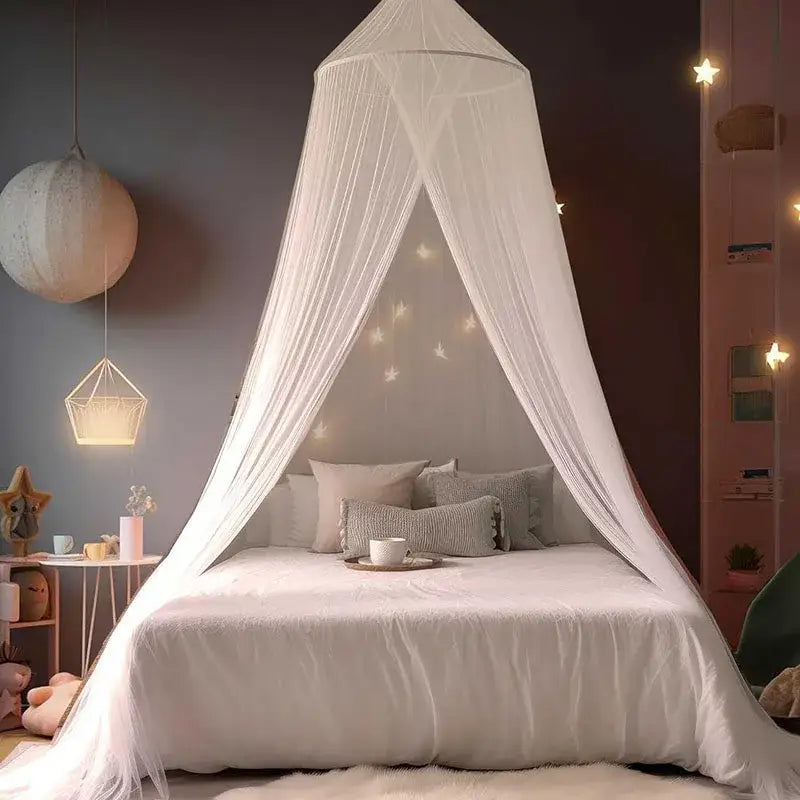 White sheer hanging mosquito net canopy with delicate star-shaped lights along edges for bedroom use