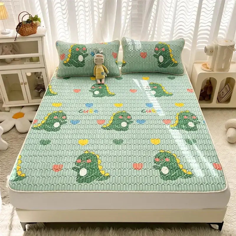 Light green quilted cooling mattress pad with yellow spine dinosaur cartoon print for decorbites mattress set