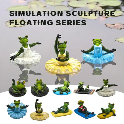 Green frog figurines in colorful tutus in ballet poses on floating platforms as garden water floating decorbites garden water