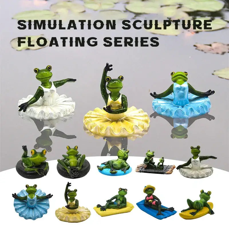 Green frog figurines in colorful tutus in ballet poses on floating platforms as garden water floating decorbites garden water