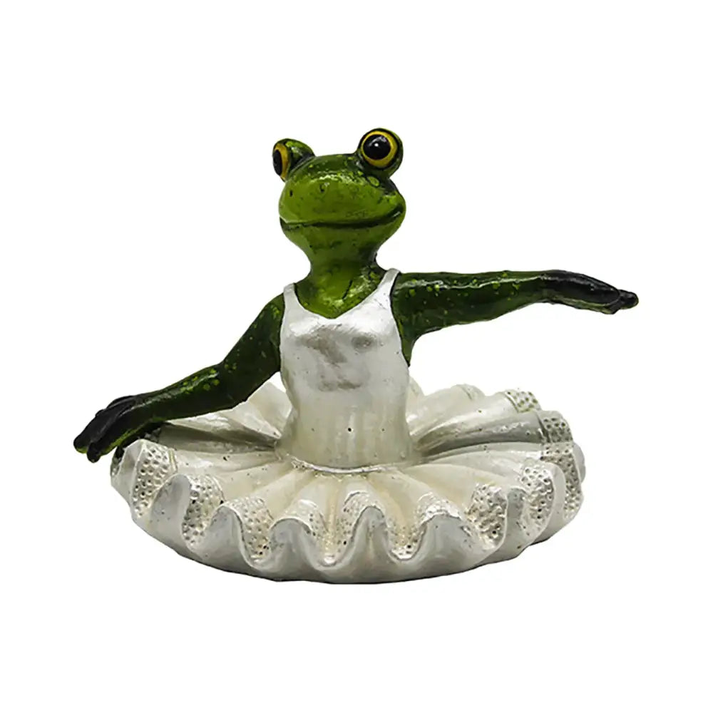 Green frog figurine in white ballet tutu paired with realistic dark green beige floating crocodile head decorbites garden water