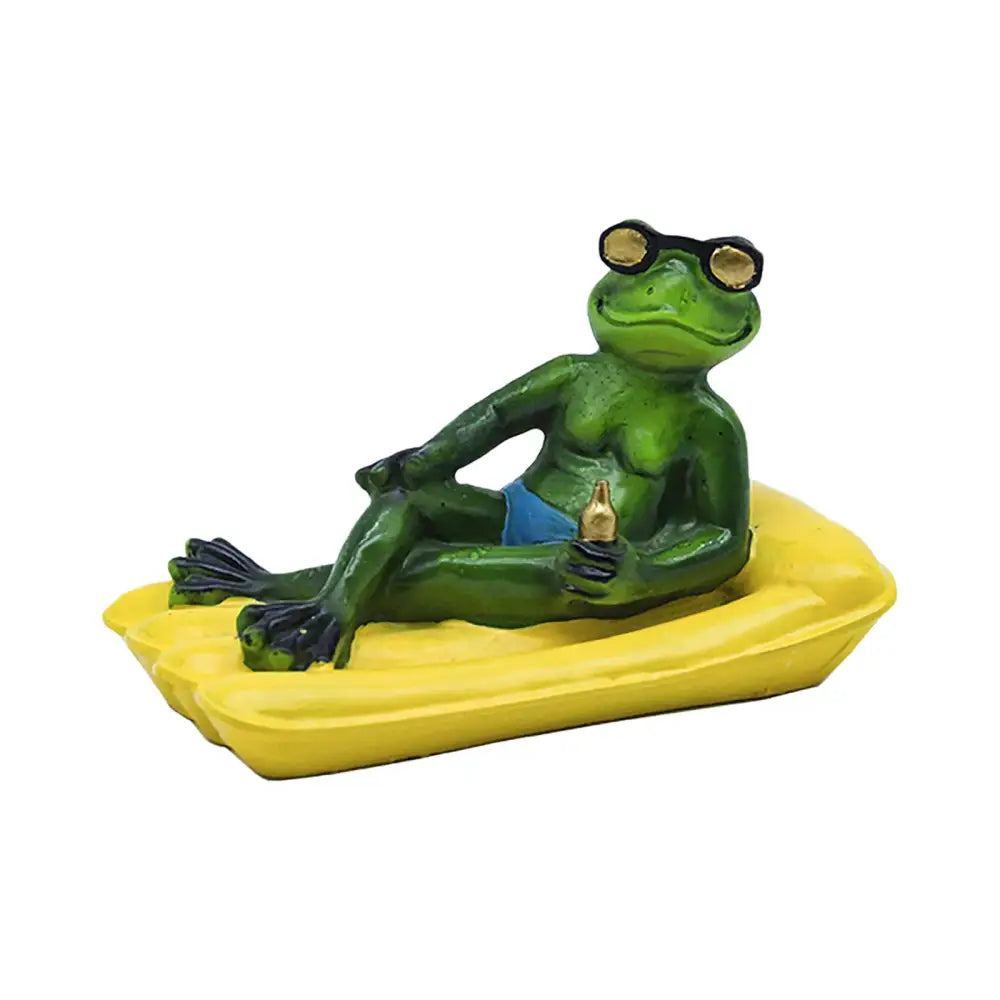 Realistic dark green and beige floating crocodile head garden water decor with green frog figurine on yellow raft water floating animal