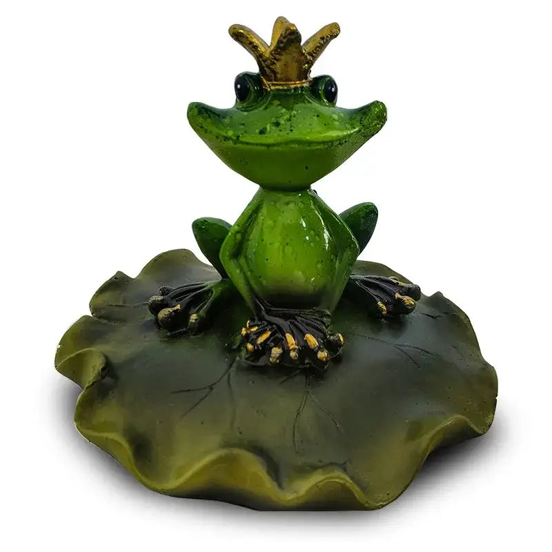 Realistic green crowned frog figurine sitting on lily pad base garden water floating animal decorbites garden water decor