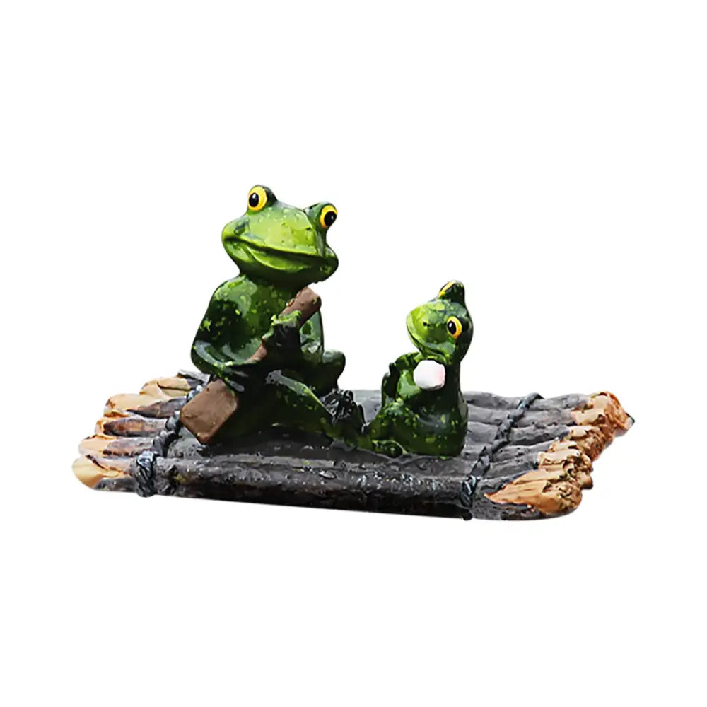 Green resin frog figurine set with larger and smaller frogs on rustic wooden raft for decorbites garden water floating use